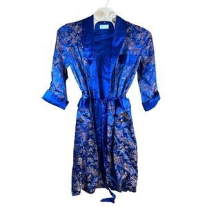 Longevity Hangzhou China Blue Belted Kimono Robe,Vintage Satin Jacquard Robe Siz